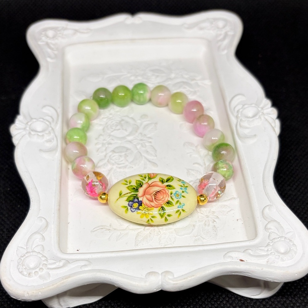 Pink and Green Jade Bracelet with Vintage Elements